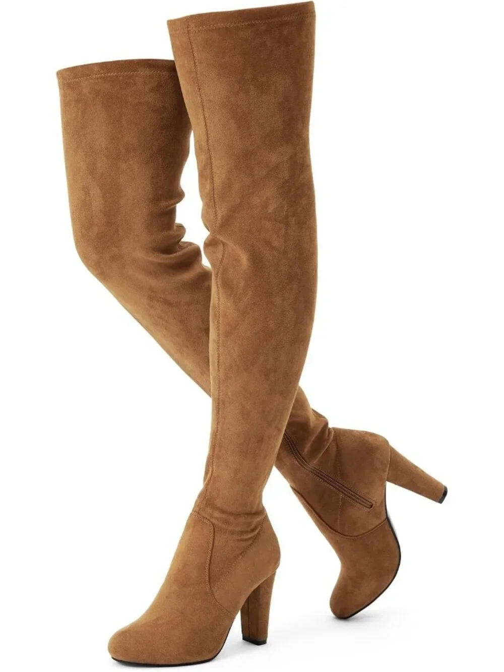 Women's Camel Brown Suede Closed Round Toe Block Heel Over The Knee High Boots
